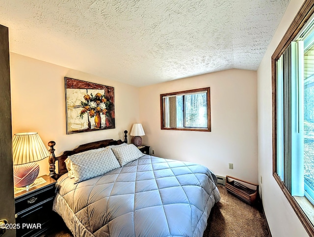 bedroom with multiple windows, carpet flooring, and a textured ceiling