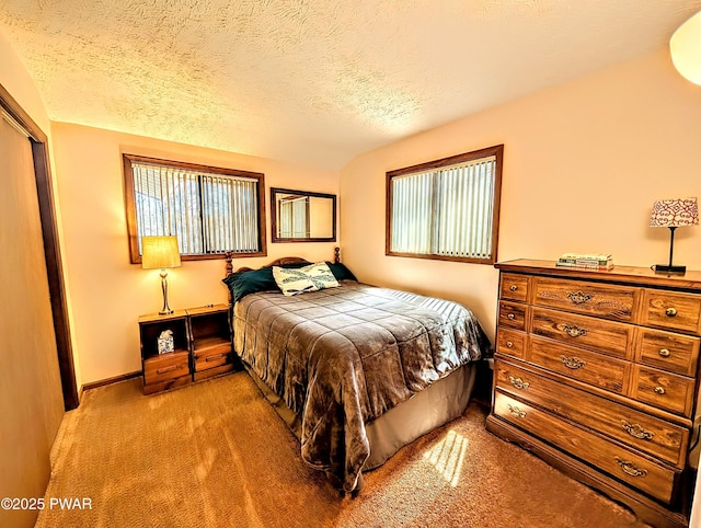 bedroom with carpet flooring, a textured ceiling, and a closet