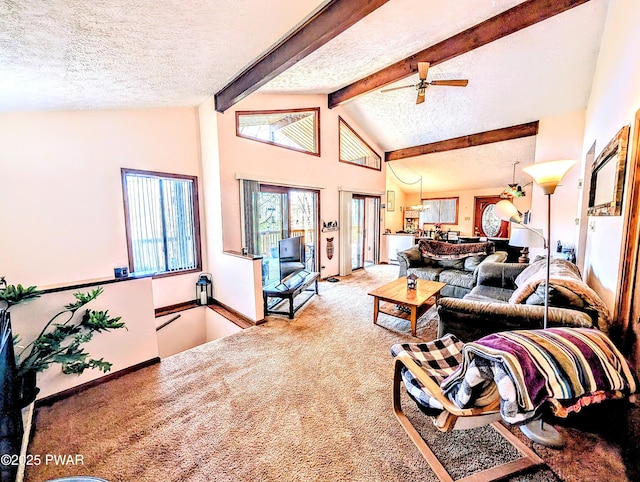 living room featuring ceiling fan, a textured ceiling, beam ceiling, high vaulted ceiling, and carpet flooring