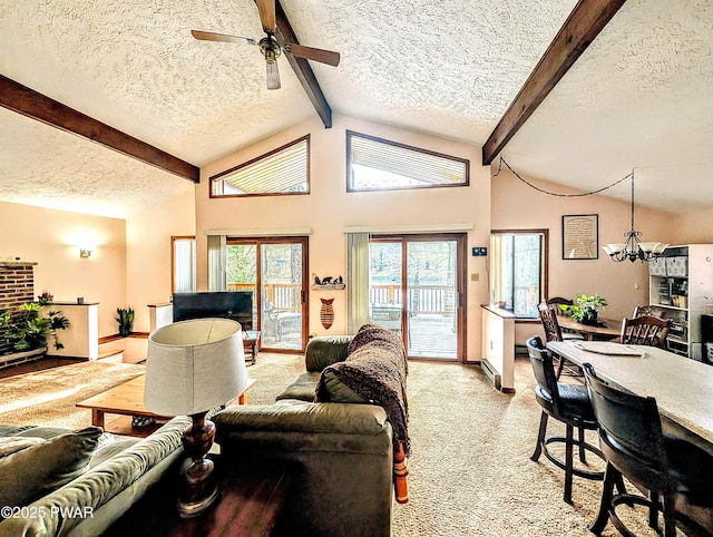 living area featuring a textured ceiling, light colored carpet, vaulted ceiling with beams, and ceiling fan with notable chandelier
