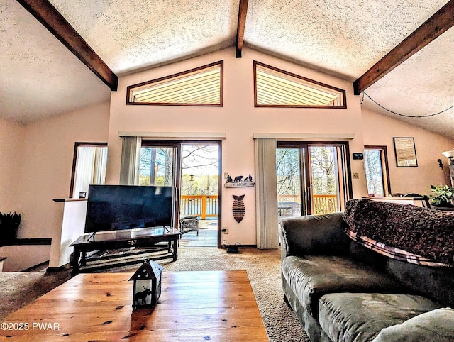 living area with baseboards, lofted ceiling with beams, a textured ceiling, and wood finished floors