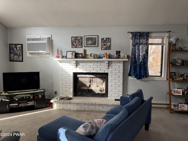 carpeted living room with a textured ceiling, an AC wall unit, a brick fireplace, and a baseboard heating unit