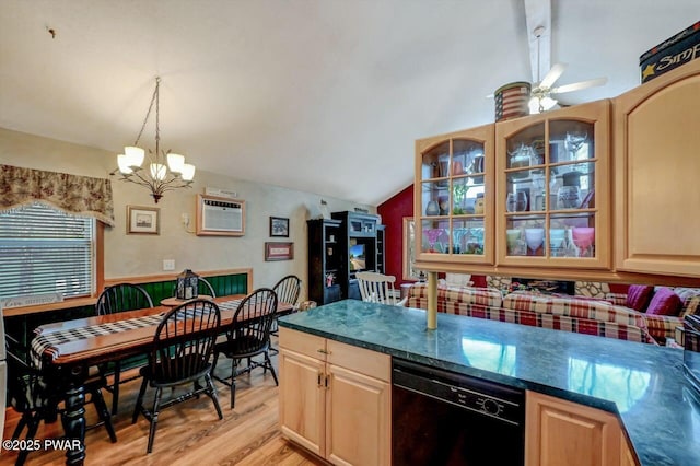 kitchen with a wall unit AC, light wood finished floors, light brown cabinets, vaulted ceiling, and dishwasher