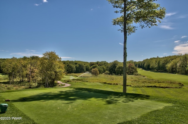 view of property's community featuring a lawn and golf course view