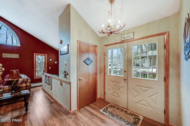 entrance foyer featuring lofted ceiling, wood finished floors, and a healthy amount of sunlight