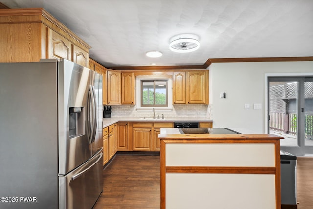 198 State Route 690, Springbrook Township, PA 18444 - kitchen with black appliances, dark wood-style flooring, backsplash, healthy amount of natural light, and crown molding