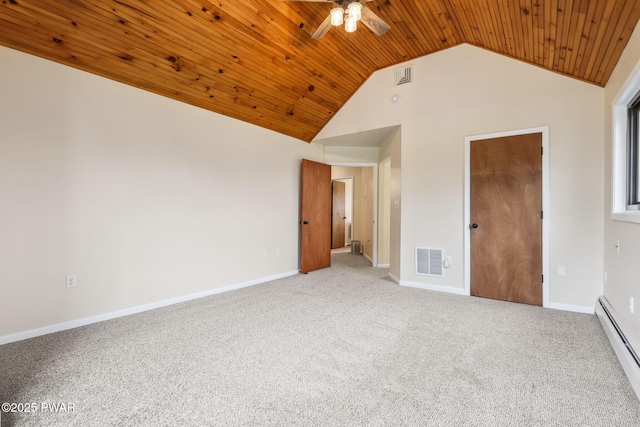 198 State Route 690, Springbrook Township, PA 18444 - unfurnished bedroom featuring wooden ceiling, a baseboard radiator, carpet, high vaulted ceiling, and ceiling fan