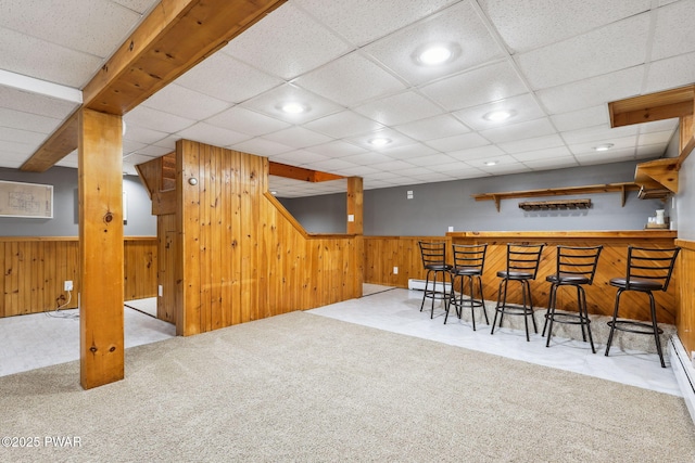 198 State Route 690, Springbrook Township, PA 18444 - indoor dry bar with recessed lighting, carpet floors, wooden walls, a wainscoted wall, and a baseboard radiator