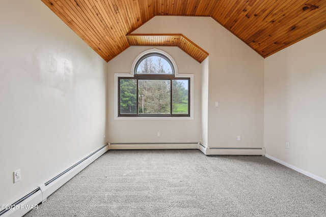 198 State Route 690, Springbrook Township, PA 18444 - carpeted spare room featuring a baseboard radiator, wood ceiling, and vaulted ceiling