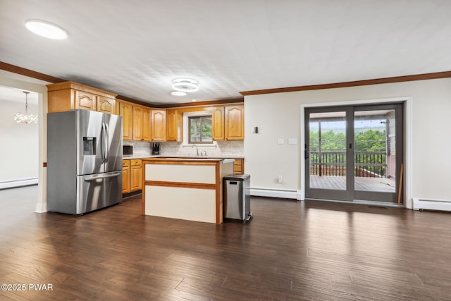198 State Route 690, Springbrook Township, PA 18444 - kitchen with stainless steel fridge with ice dispenser, a baseboard radiator, a chandelier, decorative backsplash, and light countertops