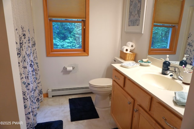 103 Valley Forge Rd, Milford, PA 18337 - full bath with a baseboard radiator, vanity, plenty of natural light, and a shower with shower curtain