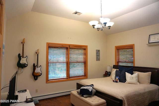 103 Valley Forge Rd, Milford, PA 18337 - bedroom featuring lofted ceiling, a baseboard heating unit, a chandelier, and dark wood-style flooring