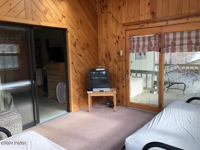 carpeted living room with wood walls