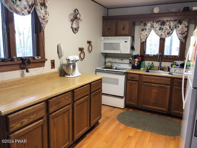 kitchen featuring white appliances, sink, and light hardwood / wood-style flooring