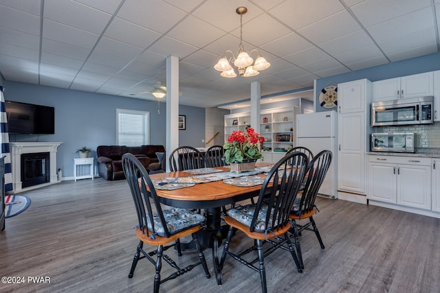 dining room with hardwood / wood-style floors, ceiling fan with notable chandelier, and a paneled ceiling