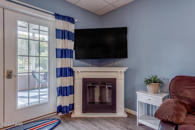 living room with a drop ceiling and wood-type flooring