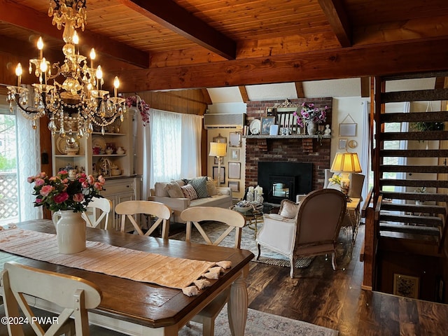 dining room with dark hardwood / wood-style floors, beam ceiling, wood ceiling, and a brick fireplace