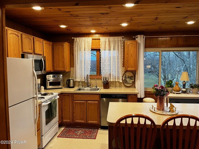 kitchen featuring appliances with stainless steel finishes, wood ceiling, and sink