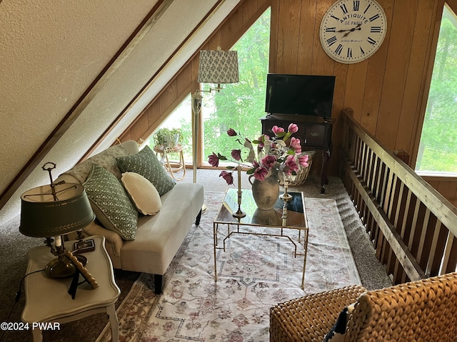 interior space with wood walls, carpet floors, and a wealth of natural light