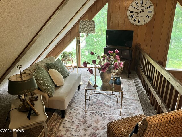 interior space with wood walls, carpet floors, and a wealth of natural light