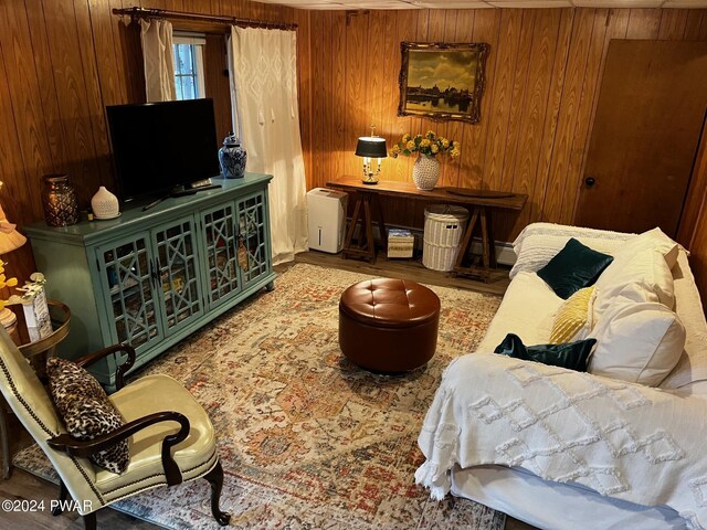 living room featuring wood walls