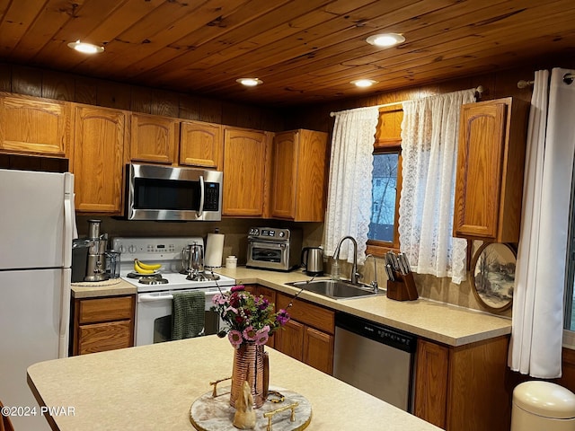 kitchen featuring sink, wooden ceiling, and stainless steel appliances