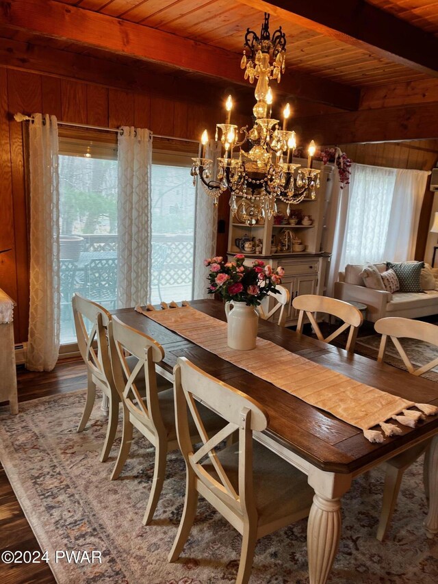 dining room with a wealth of natural light, dark wood-type flooring, beamed ceiling, and wooden ceiling