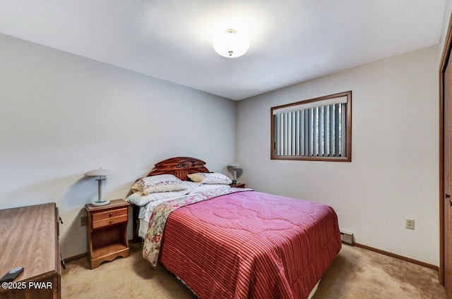 bedroom with light colored carpet and baseboard heating