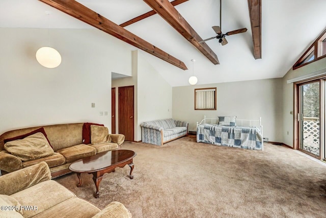 carpeted bedroom featuring beam ceiling, high vaulted ceiling, and access to outside