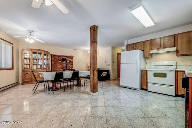 kitchen with ceiling fan, white appliances, and baseboard heating