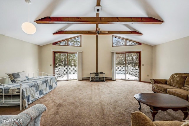 carpeted bedroom featuring high vaulted ceiling, beam ceiling, access to outside, and a baseboard radiator