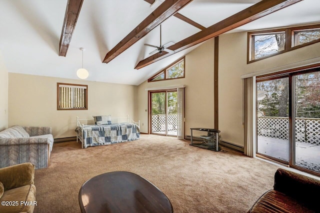 living room featuring high vaulted ceiling, a baseboard heating unit, carpet flooring, ceiling fan, and beam ceiling