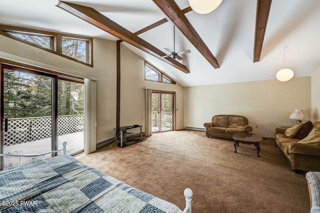 carpeted living room with beam ceiling, baseboard heating, high vaulted ceiling, and ceiling fan