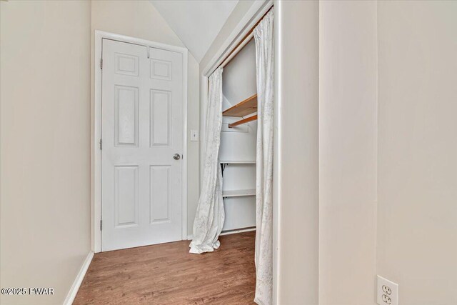 interior space with wood finished floors and lofted ceiling