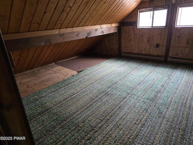 bonus room featuring wooden walls, wooden ceiling, baseboard heating, and vaulted ceiling