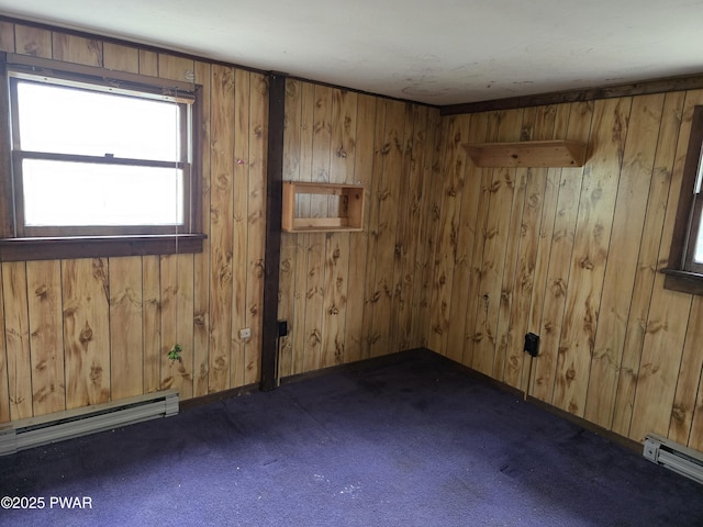 spare room with carpet, baseboard heating, and wooden walls