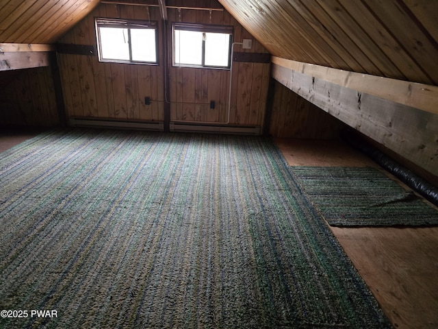 additional living space with wood walls, lofted ceiling, baseboard heating, and wooden ceiling