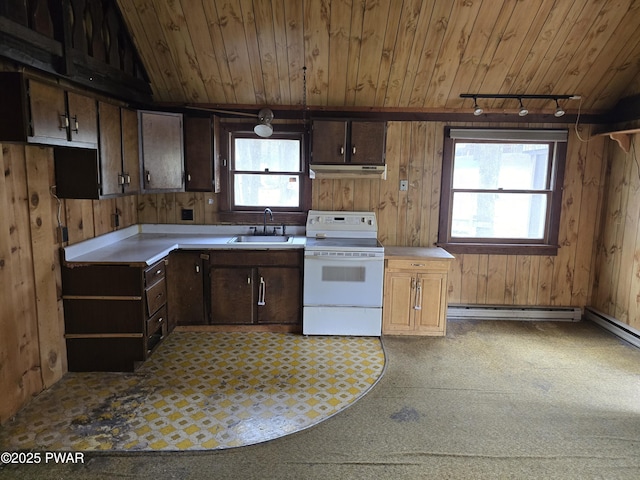 kitchen featuring white electric range oven, a sink, rail lighting, wooden ceiling, and under cabinet range hood