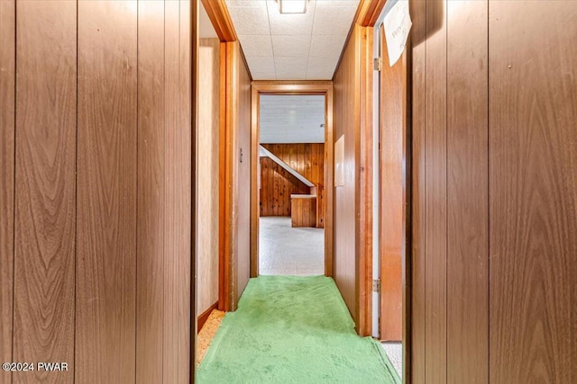 corridor with wooden walls and light carpet