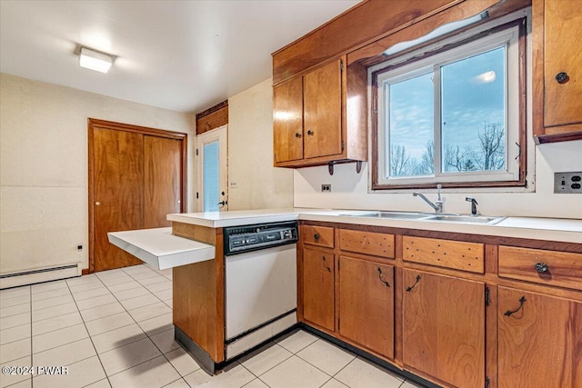 kitchen featuring kitchen peninsula, white dishwasher, baseboard heating, sink, and light tile patterned floors