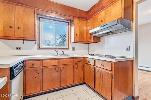 kitchen featuring sink, a baseboard radiator, white gas stovetop, dishwashing machine, and light tile patterned flooring