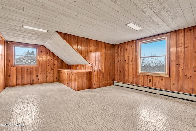 bonus room featuring wooden walls, wooden ceiling, and a baseboard heating unit