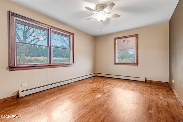 unfurnished room with ceiling fan, light hardwood / wood-style floors, and a baseboard radiator