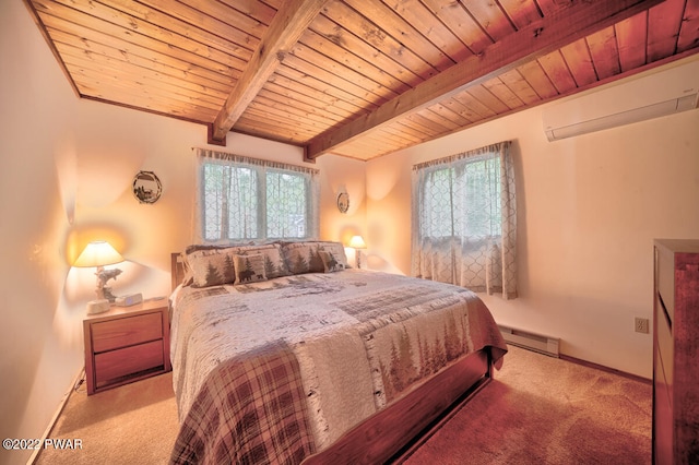 bedroom with wooden ceiling, a baseboard heating unit, carpet flooring, a wall mounted AC, and beamed ceiling