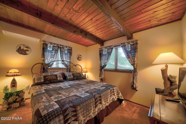 carpeted bedroom featuring beamed ceiling and wood ceiling