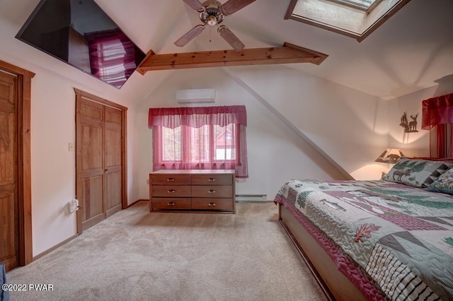 carpeted bedroom featuring an AC wall unit, ceiling fan, lofted ceiling with skylight, and a baseboard heating unit