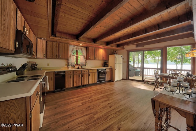 kitchen featuring wood ceiling, sink, black appliances, wood-type flooring, and beamed ceiling