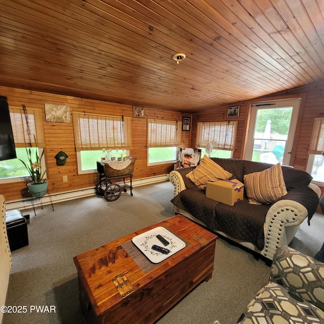 117 W Shore Dr, Dingmans Ferry, PA 18328 - living area featuring carpet flooring, wood walls, a baseboard heating unit, and wooden ceiling