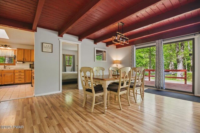 173 Paper Birch S, Tafton, PA 18464 - dining space featuring a chandelier, light wood-style flooring, wood ceiling with exposed beams, and baseboards