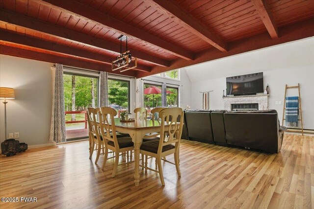 173 Paper Birch S, Tafton, PA 18464 - dining room with light wood-style floors, plenty of natural light, wooden ceiling, and a brick fireplace